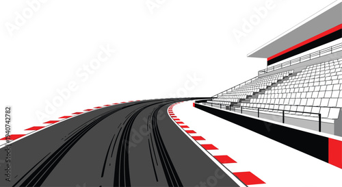 A curving asphalt race track with prominent red and white curbs and visible tire marks is shown alongside empty grandstands on a white background.