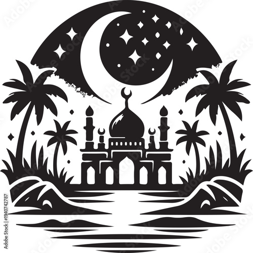 Silhouette vector illustration of a mosque with palm trees in a tropical beach sunset landscape