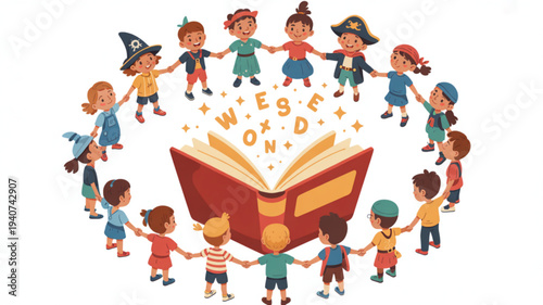 Diverse children holding hands around open book with 'we' and 'world' letters floating above symbolizing unity and global connection in education