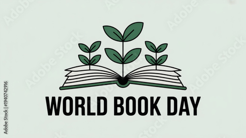 World book day illustration with open book and growing plants symbolizing knowledge and reading on a light green background vector graphic