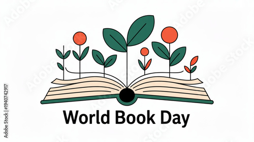 World book day illustration featuring an open book with green leaves and orange flowers growing out of it symbolizing knowledge and growth