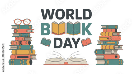 World book day celebration with stacked books and reading accessories