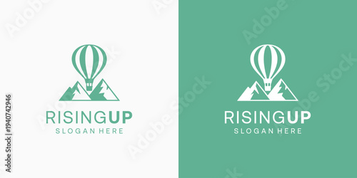 Mountain and hot air balloon vector logo design with modern, simple, clean and abstract style.