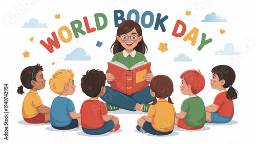 Children sitting in circle listening to teacher reading book on world book day with colorful text and clouds