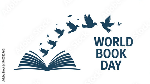 World book day illustration with flying birds emerging from an open book on white background