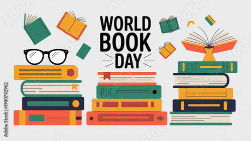 World book day celebration with colorful stacked books and glasses on a light background