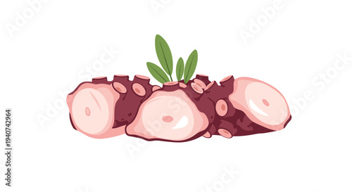 Three thick, cooked octopus tentacles, cleanly sliced to reveal pale inner flesh and reddish-purple skin, are arranged with green leaves on a white background.