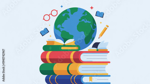 Colorful stack of books with globe glasses and stationery on light background symbolizing education and learning