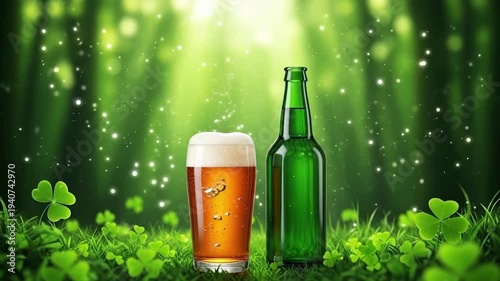 Glass of beer and green bottle on a clover field, light rays. St Patricks Day celebration and Irish party concept for pub advertising.