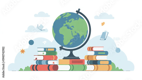 Globe standing on colorful books stack with clouds and education elements around