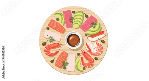 A circular wooden platter is meticulously arranged with an assortment of fresh seafood, including salmon, tuna, shrimp, crab, avocado, and capers, around a central sauce bowl.