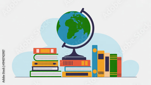 Globe on stack of colorful books symbolizing education and global learning with a blue cloud background