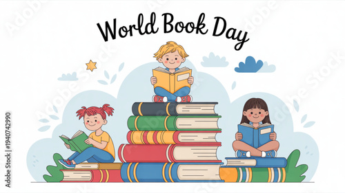 Children celebrating world book day with stack of colorful books and reading together