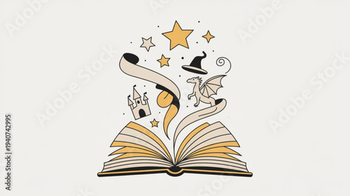 Magical fantasy scene with open book wizard hat castle stars and swirling ribbons on white background