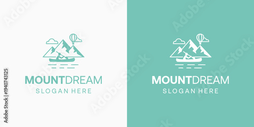 Vector logo design of mountain, canoe and hot air balloon with modern, simple, clean and abstract style.