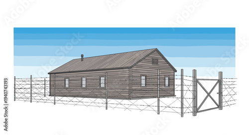 A solitary weathered wooden barracks building with a corrugated metal roof is securely enclosed by a barbed wire fence and a wooden gate under a clear sky.