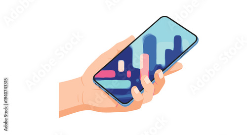 A light-skinned hand with visible fingers and thumb securely holds a modern smartphone angled slightly, displaying a vibrant abstract city-like graphic on its screen.