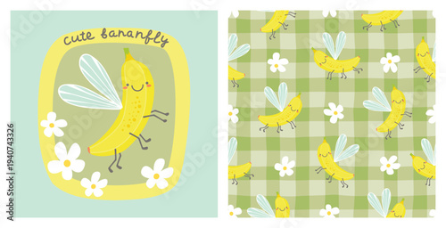 Cute bananfly print and seamless pattern. Kawaii fruit with wings and daisy on tartan check background. Yellow, green, blue colors. Naive cartoon prints on fabric and paper. Vector designs for textile