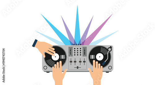 Two light-skinned hands are operating a grey DJ mixer with two black turntables, from which multi-colored light beams radiate upwards.