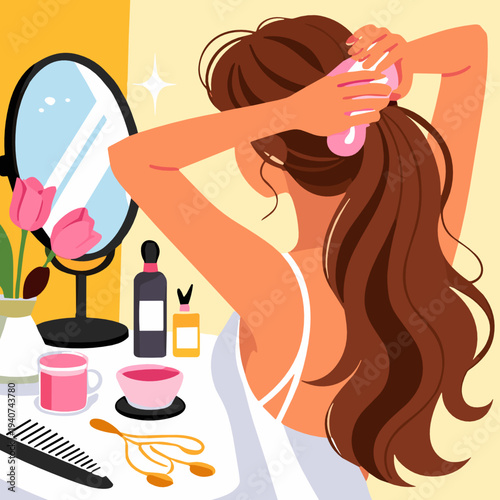 Flat beauty routine vector of woman combing long hair at vanity table with mirror and cosmetics. Morning grooming concept with makeup accessories and home self care.