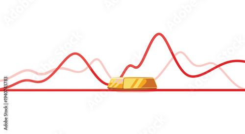 Two shiny gold bars are positioned side-by-side on a simple white line graph displaying two distinct, wavy red lines.