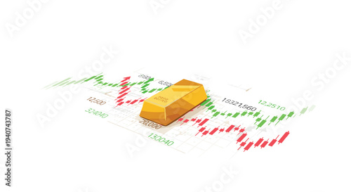A shiny gold bar with FINE GOLD embossed on its surface is resting on a white grid-lined financial chart with red and green candlestick patterns.