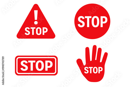 Set of four red stop symbols: warning triangle with exclamation, circular stop sign, rectangular label, and hand gesture. Prohibition concept for safety notices, posters, and interfaces.