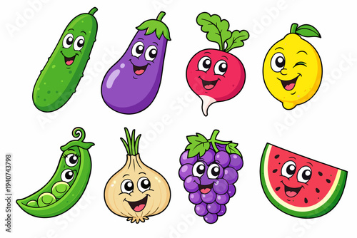 Set of smiling fruit and vegetable cartoon characters including cucumber, eggplant, beet, lemon, peas, onion, grapes, and watermelon. Colorful kawaii vector collection.