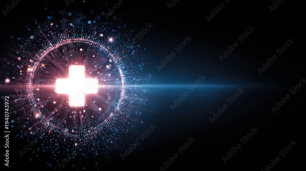 Fototapeta premium Background Design Featuring a Medical Cross Icon With Glowing Effects in a Biotech Theme