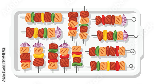 A white rectangular serving tray is filled with multiple skewers of cooked meat and various vegetables, including red peppers, green bell peppers, and onions.