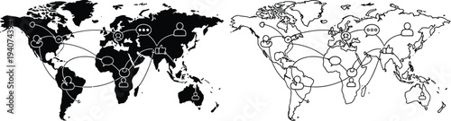 World map illustration black and white isolated on transparent background, Vector