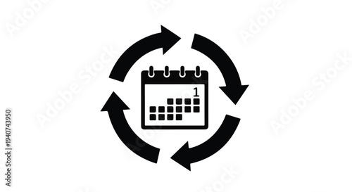 Scheduling calendar icon with circular arrows for planning and organization, symbolizing repetitive tasks and time management in a simple, modern design