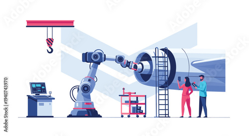 A large robotic arm assists in aircraft engine maintenance, observed by two technicians, a man and a woman, in a workshop.