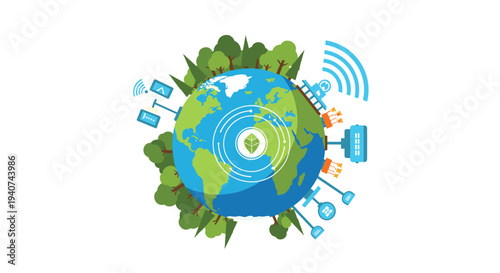 An Earth globe densely surrounded by green trees features various communication and technology icons orbiting it, with a central crypto-like icon on its surface.