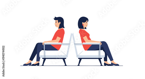 A woman and a man, both dressed in red shirts, sit on two distinct white-framed chairs with light gray cushions, positioned back-to-back on a clean white background.