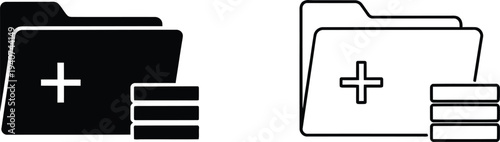 Black and white folder icons with plus signs for add or upload isolated on transparent background, Vector