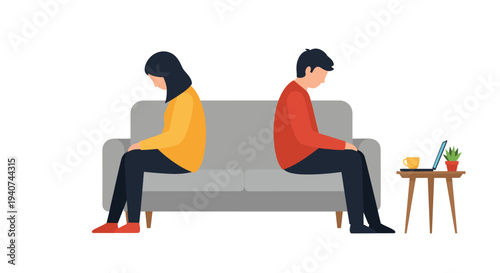A woman in a yellow top and a man in a red top sit on opposite ends of a single gray sofa, facing away from each other, with a side table next to the man on a white background.