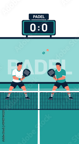 Dynamic Padel Match: Two Athletes Engaging In Intense Sport Competition With Score Display