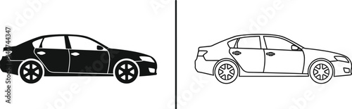 Car silhouette vs line art isolated on transparent background, Vector