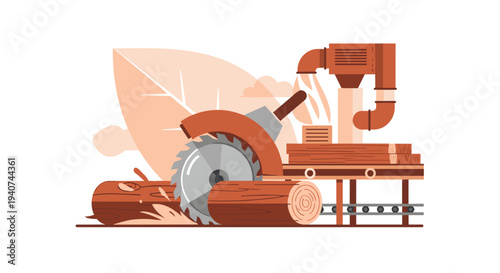 A stylized illustration displays a large circular saw actively cutting a brown log into planks within a timber processing facility.