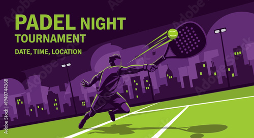 Dynamic Padel Night Tournament Illustration with Cityscape and Player Action Scene