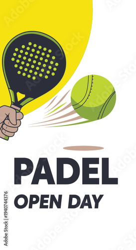 Dynamic Padel Open Day Invitation: Sports Illustration Featuring Racquet and Ball in Motion