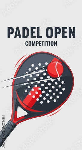Dynamic Padel Open Competition Advertisement Featuring Racket and Bright Red Ball Design