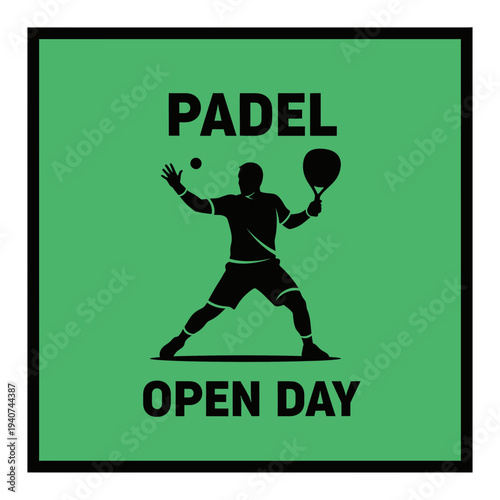 Dynamic Padel Open Day Silhouette: Energetic Sports Design on Vibrant Green Background
