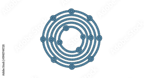 A blue rope is intricately coiled into five concentric circles, featuring multiple small knots along its length, set against a plain white backdrop.