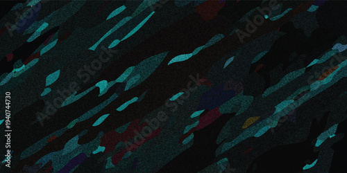 Dark abstract mosaic with glowing cyan organic cells. Vibrant granular textures (red, blue, purple) on a black backdrop create a mysterious microscopic look. perfect as a layout for advertising