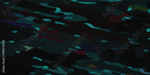 Dark abstract mosaic with glowing cyan organic cells. Vibrant granular textures (red, blue, purple) on a black backdrop create a mysterious microscopic look. perfect as a layout for advertising