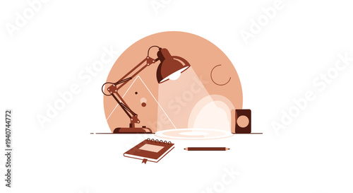 A monochromatic illustration in warm sepia tones features an articulated desk lamp illuminating an open notebook and a pen.