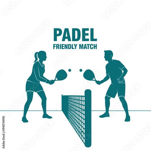 Dynamic Padel Silhouette: Friendly Match Depicted in Bold Teal Against a Pure White Backdrop