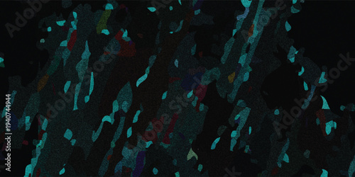 Dark abstract mosaic with glowing cyan organic cells. Vibrant granular textures (red, blue, purple) on a black backdrop create a mysterious microscopic look. perfect as a layout for advertising